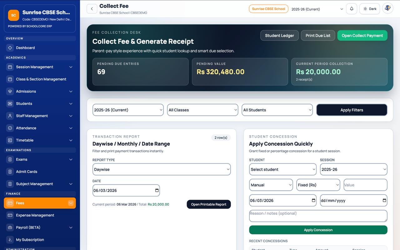 Fee Collection Desk screen